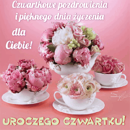 Kwiaty w białych filiżankach z pozdrowieniami czwartkowymi